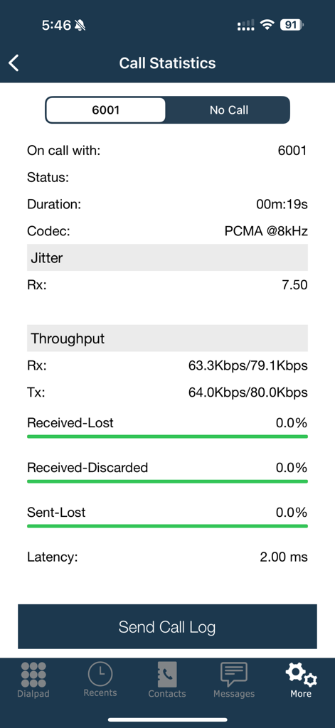 Skylar - Skylar 앱 인터페이스. 코덱 정보, 지터, 처리량 및 지연 시간과 같은 실시간 통화 통계가 표시됩니다.