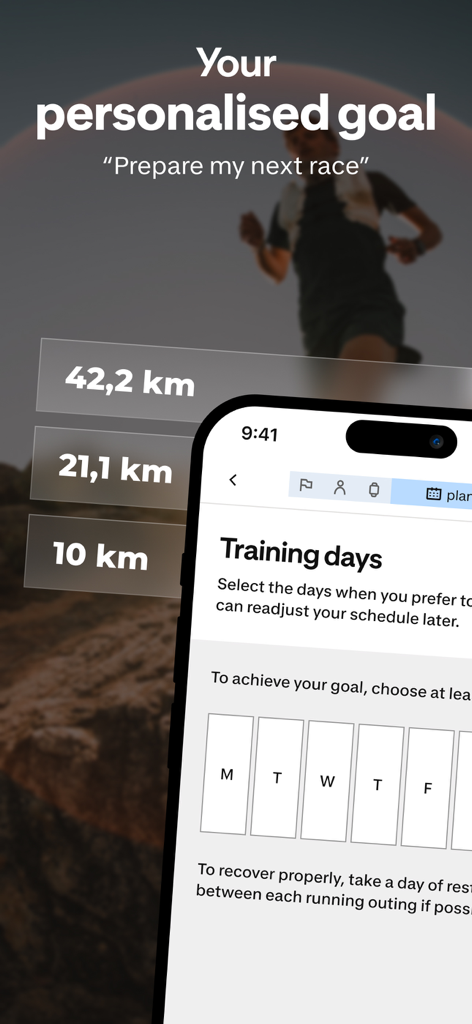 Kiprun Pacer Running - Kiprun Pacer app screen for selecting race distance goals and weekly training days