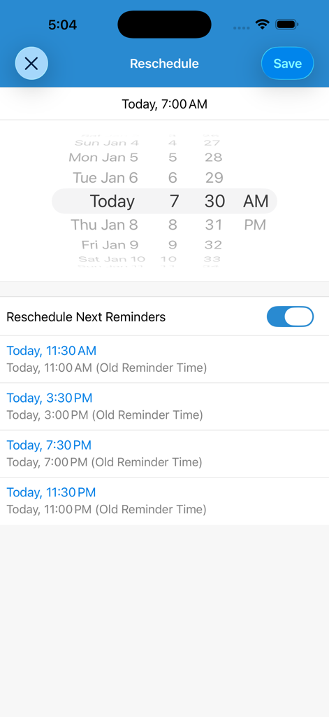 Interface de reagendamento de medicação no aplicativo Lembrete de Pílulas mostrando um seletor de hora e horários de lembrete futuros atualizados