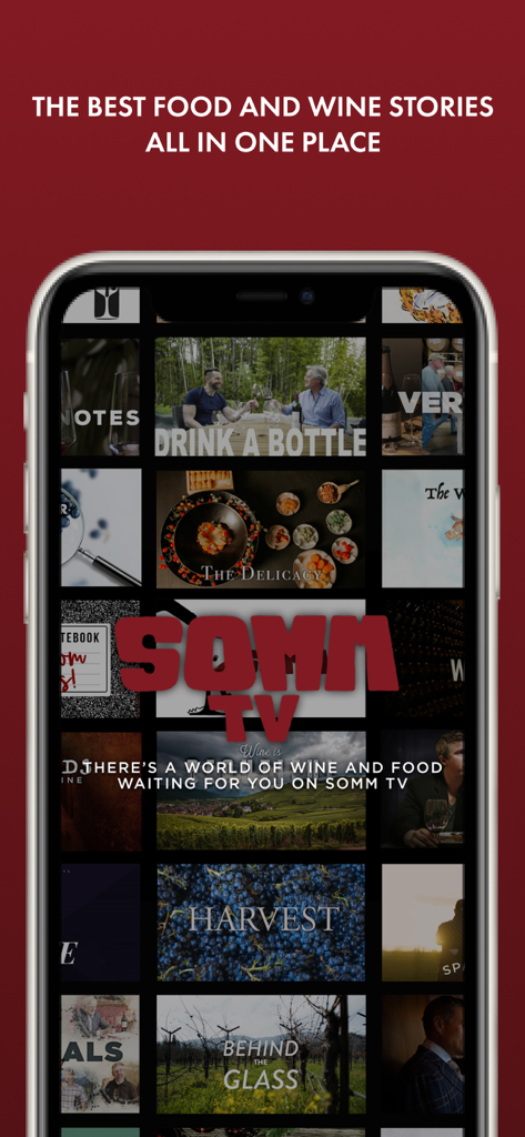 SOMM TV 앱 인터페이스에 음식 및 와인 다큐멘터리 모음 표시