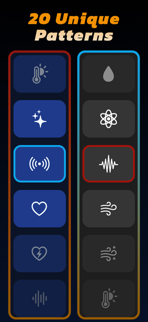A screen displaying 20 unique vibration pattern icons in the VibX app interface