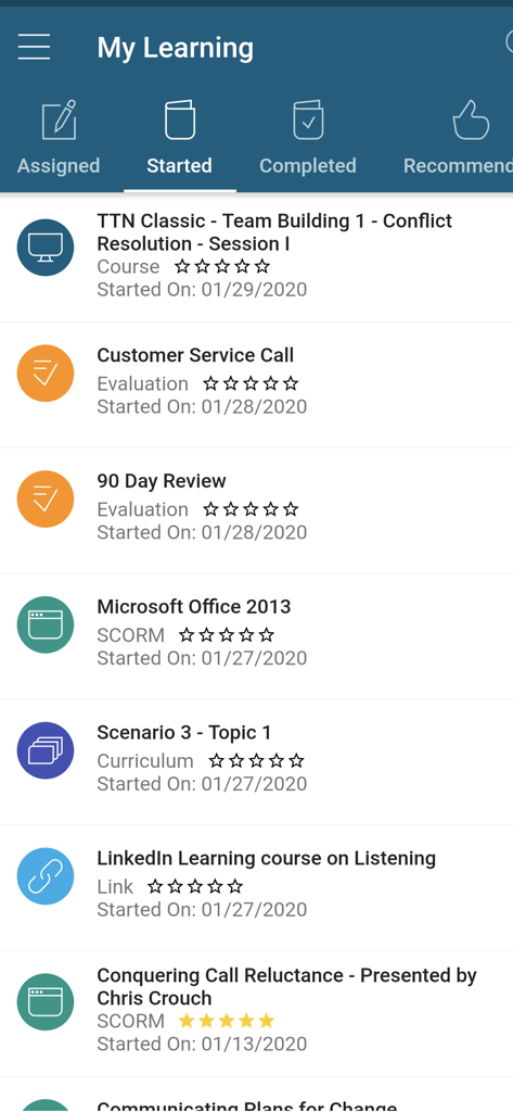 Mobile app interface of Brainier LMS showing a list of started training courses and evaluations for employees