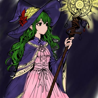 a realistic fantasy manga witch with a staff