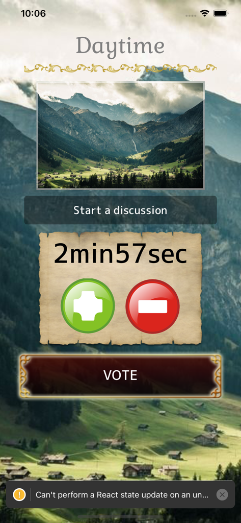 Werewolf -In a Cloudy Village- - Daytime game phase interface showing discussion timer and voting button in the Werewolf app