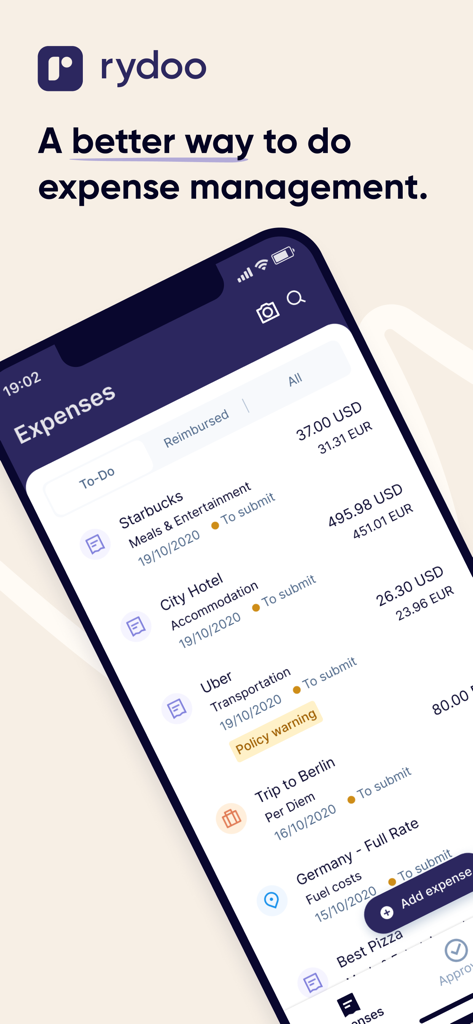 Rydoo - Rydoo-App-Oberfläche zeigt eine Liste von Geschäftsausgaben für Verpflegung, Unterkunft und Transport an