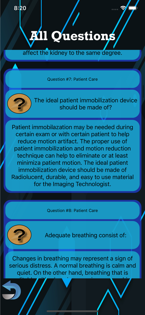 Screenshot showing the All Questions section of the CT Registry Test Pro app with detailed medical explanations and study rationales for exam preparation.