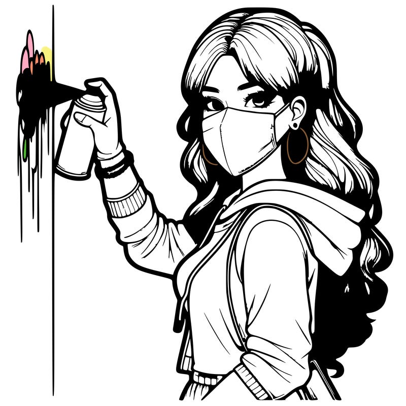 realistic girl with mask spray painting a wall