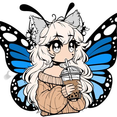 a realistic butterfly/furry girl drinking boba