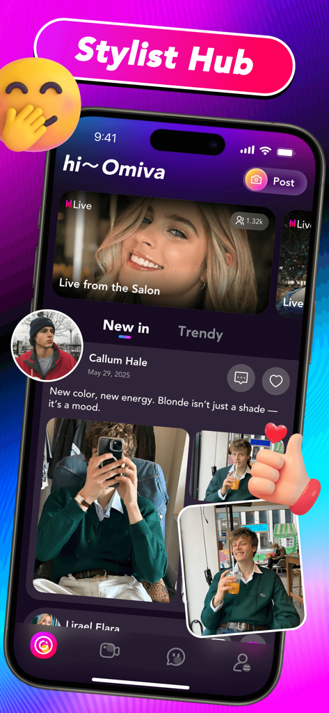 Omiva - 1v1 Chat & Go Live - Omiva app interface showing a hair stylist community hub with live streams and a social feed