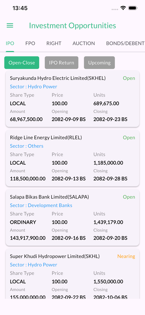 Smart Wealth Pro - Smart Wealth Pro app screen displaying a list of current IPO investment opportunities including share types and pricing