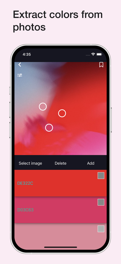 Color Wheel - カラーホイールアプリのインターフェースに、16進数コードと共に写真から色を抽出する機能が表示されています
