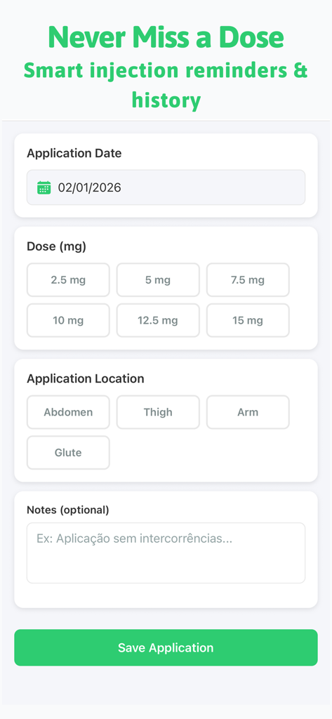 Mounjaro Care app interface for logging medication dose and injection site