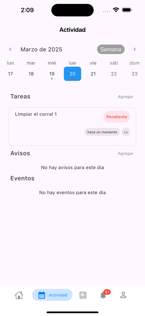 Porcicultor: Gestor de cerdos - Panel de actividad de la aplicación Porcicultor que muestra un calendario y tareas de gestión de la granja
