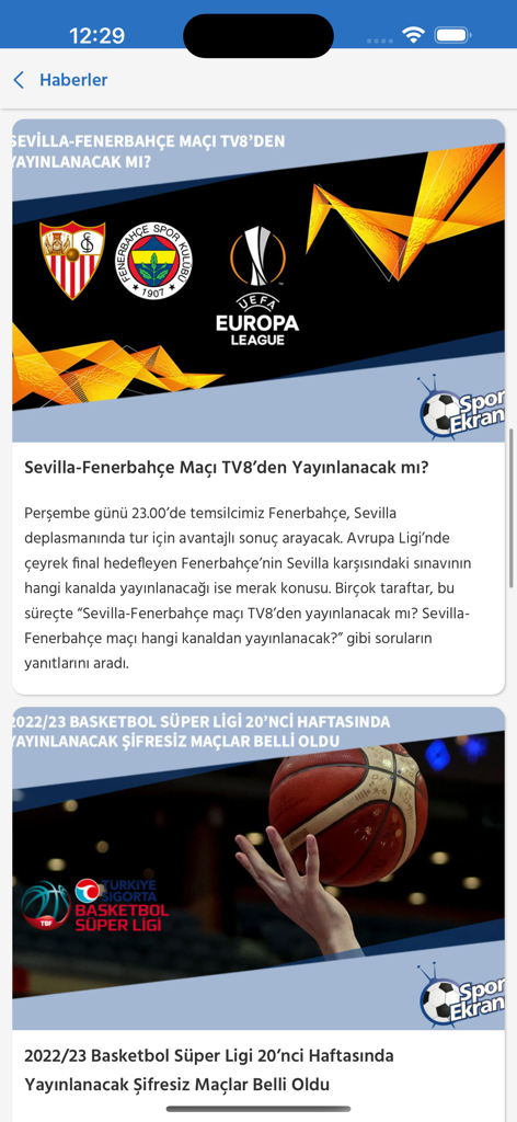 Spor Ekranı - News feed in the Spor Ekranı app showing broadcast schedules for various sports matches