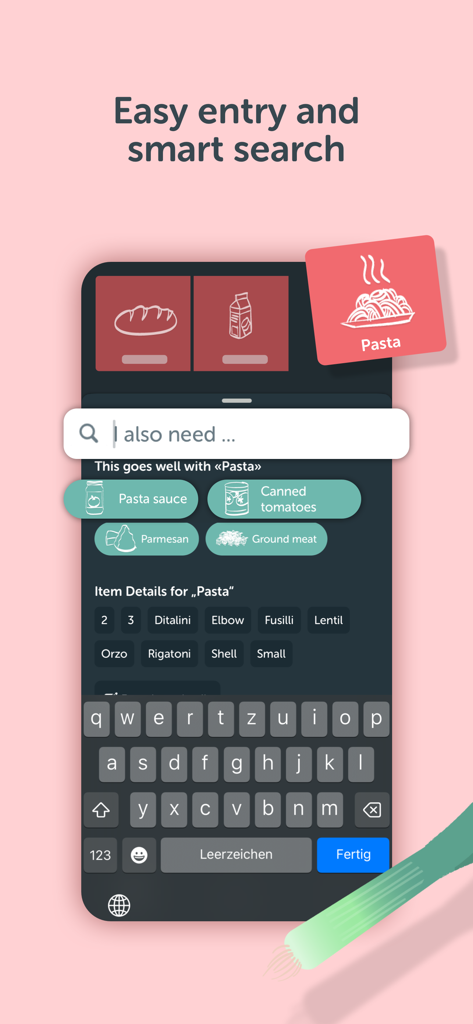 Pantalla de smartphone que muestra la función de búsqueda inteligente de la app Bring! con sugerencias de ingredientes para pasta.