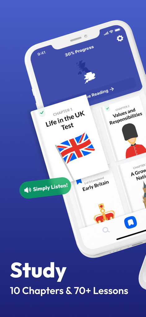 Life in the UK Test 2026 app study screen showing chapters and lessons