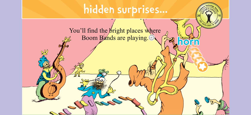 Oh, the Places You'll Go! - Dr Seuss interactive book scene showing Boom Bands characters and a highlighted horn with hidden stars