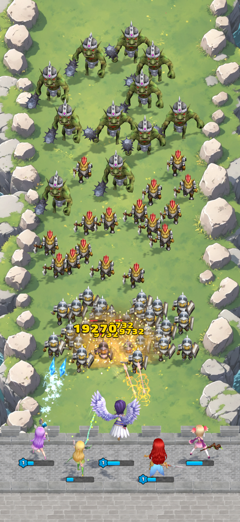 Kings Defender: Tower Defense - Heroes defending a castle wall against a large army of orcs in a fantasy tower defense battle