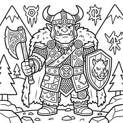 Embark on an epic coloring quest with this friendly Orc Chieftain! Designed especially for kids, this engaging page features bold lines and exciting details perfect for young adventurers.
