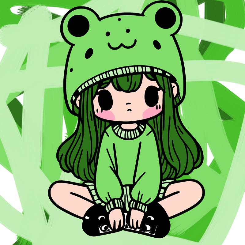 a girl wearing a frog hat and some frog socks