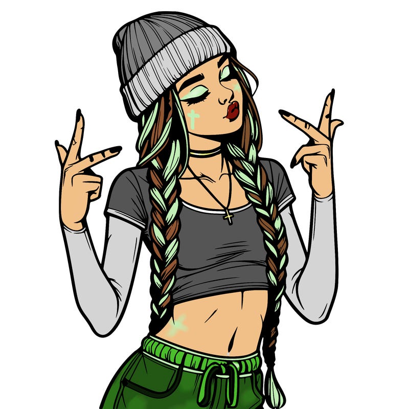 realistic teenage girl with braids and a beanie and crop top doing 🫶🏼
