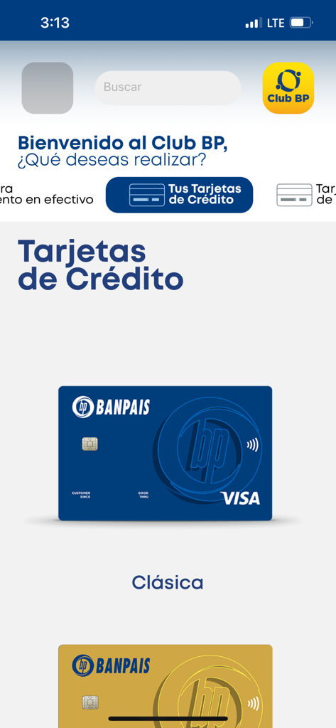 Club BP - Interfaz de la aplicación Club BP que muestra la sección de tarjetas de crédito y una tarjeta Banpais Clasica Visa.