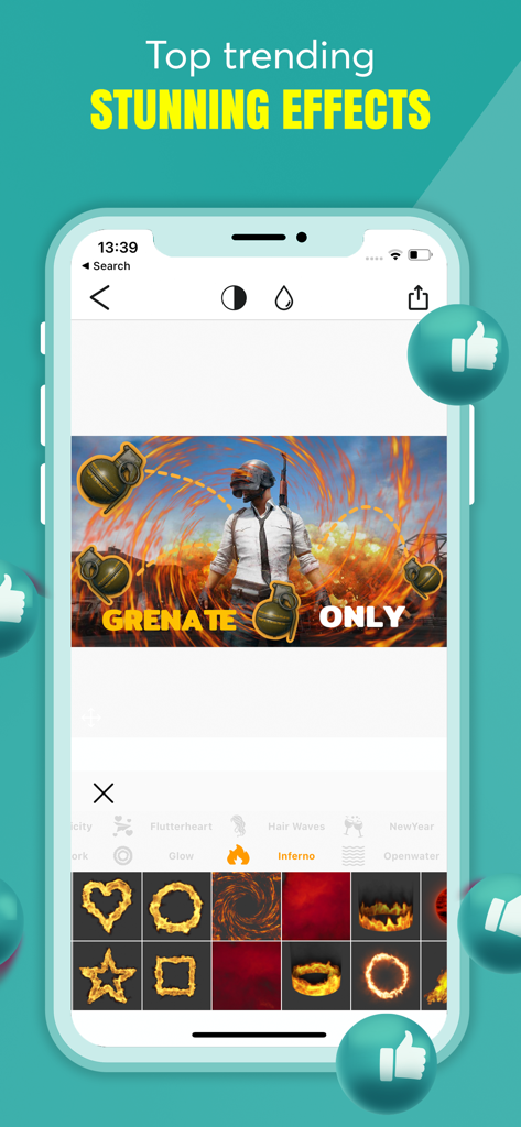 Thumbnail Maker Studio Editor - Pantalla de smartphone mostrando una miniatura de juego siendo editada con efectos de fuego y stickers de tendencia.