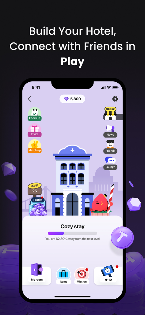 Tripbtoz mobile app screen showing a virtual hotel building game with rewards and social features