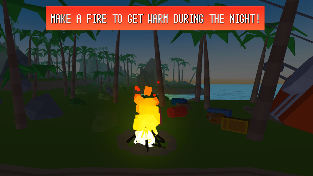 Craft Island Survival Simulator 3D - A pixelated campfire on a tropical island at night in Craft Island Survival Simulator 3D