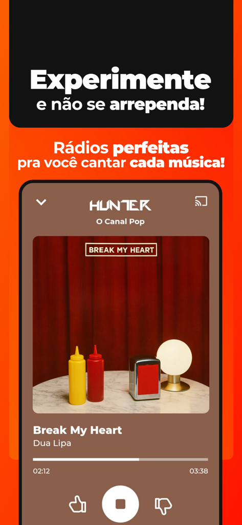 Captura de tela da interface do aplicativo Hunter.FM tocando uma estação de música pop com controles interativos do player