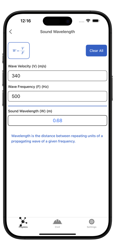 My Physics Calculator - My Physics Calculator interface showing sound wavelength calculation with formula and definition