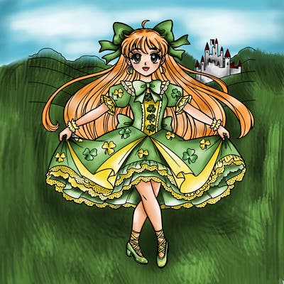 pretty girl in girly and frilly irish dancing costume with long flowing pigtails with ribbons in her hair