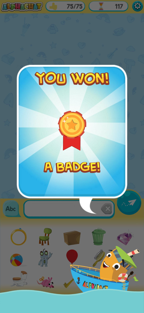 Alphachat app victory screen showing a gold badge and the Alphaboat character