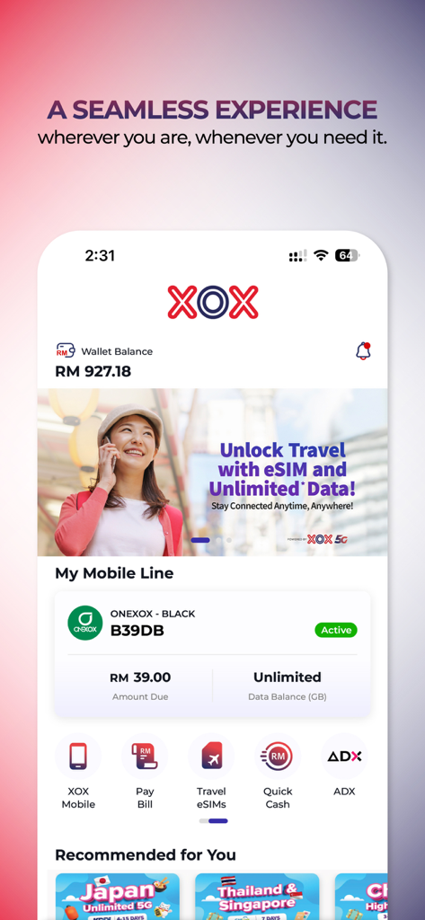 XOX 5G mobile app home screen showing wallet balance, active mobile line details, and quick access icons for bill payment and travel eSIMs