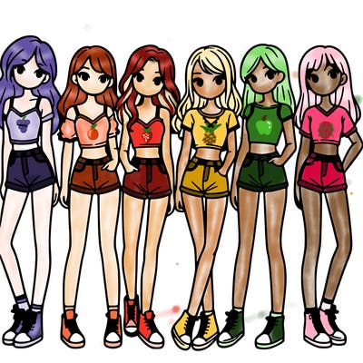 a group of girls wearing crop tops and shorts