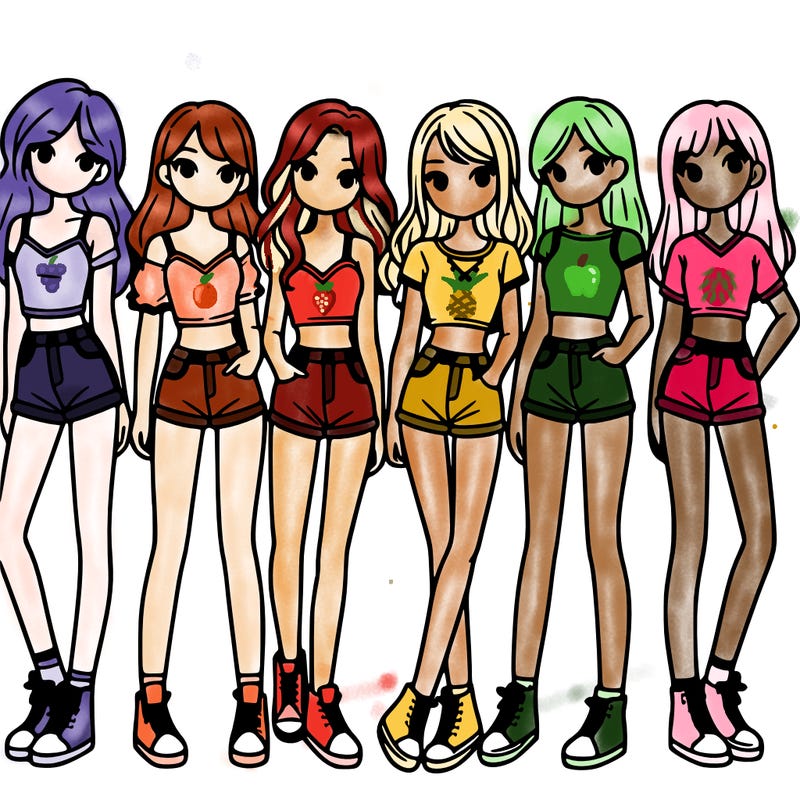 a group of girls wearing crop tops and shorts