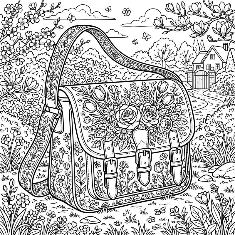 Step into the beauty of spring with this charming messenger bag coloring page, intricately designed with a burst of floral patterns. It's a perfect blend of style and seasonal joy, inviting you to add your unique splash of color.