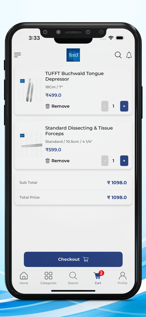 Tufft Surgical Instruments - Shopping cart screen of the Tufft Surgical Instruments app displaying medical tools and a checkout button.