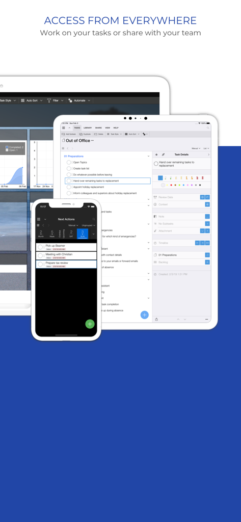 Organize:Pro - Task Manager - Organize Pro task manager interface shown on a laptop tablet and smartphone for cross platform synchronization