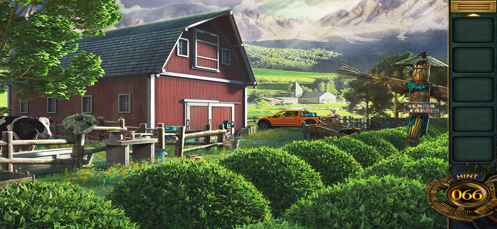 Escape Room:Mysterious train - A farm puzzle level in Escape Room Mysterious Train featuring a red barn and scarecrow.