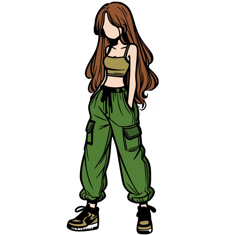 girl in baggy pants crop top and long hair