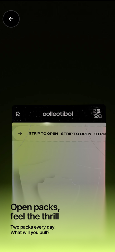 Collectibol: Football TCG - Digital football card pack opening screen in the Collectibol app