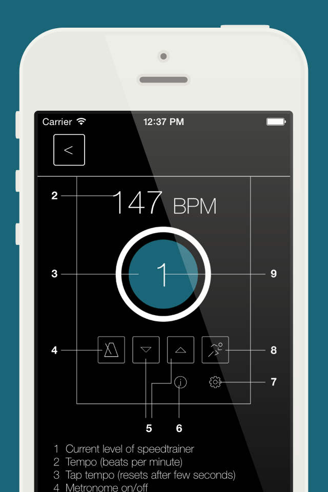 Tap That Tempo plus - Oberfläche der Tap That Tempo plus App mit Metronom und Geschwindigkeitstrainer