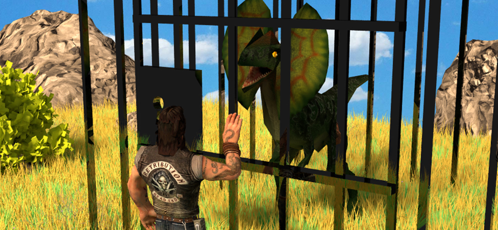 Dino Park Truck Simulator 2019 - Un hombre parado cerca de una jaula de metal que contiene un dinosaurio con volantes capturado en un campo de hierba