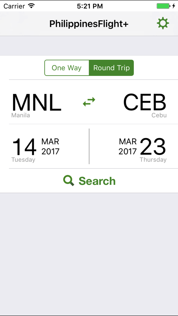마닐라-세부 구간 왕복 항공편 검색을 보여주는 필리핀 항공권+ 앱의 검색 인터페이스