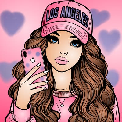 realistic beautiful girl wearing los ángeles cap holding an iphone