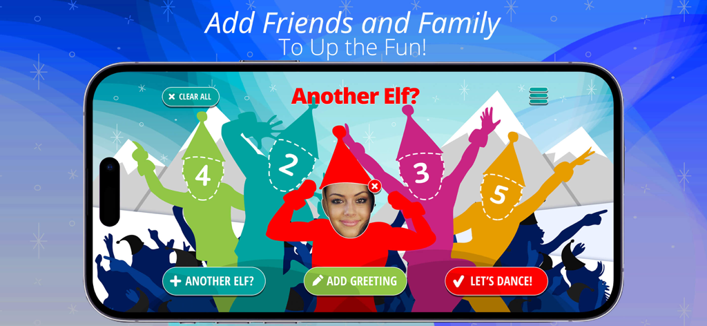 Interfaz para agregar caras de amigos y familiares a múltiples personajes de elfo en la aplicación ElfYourself