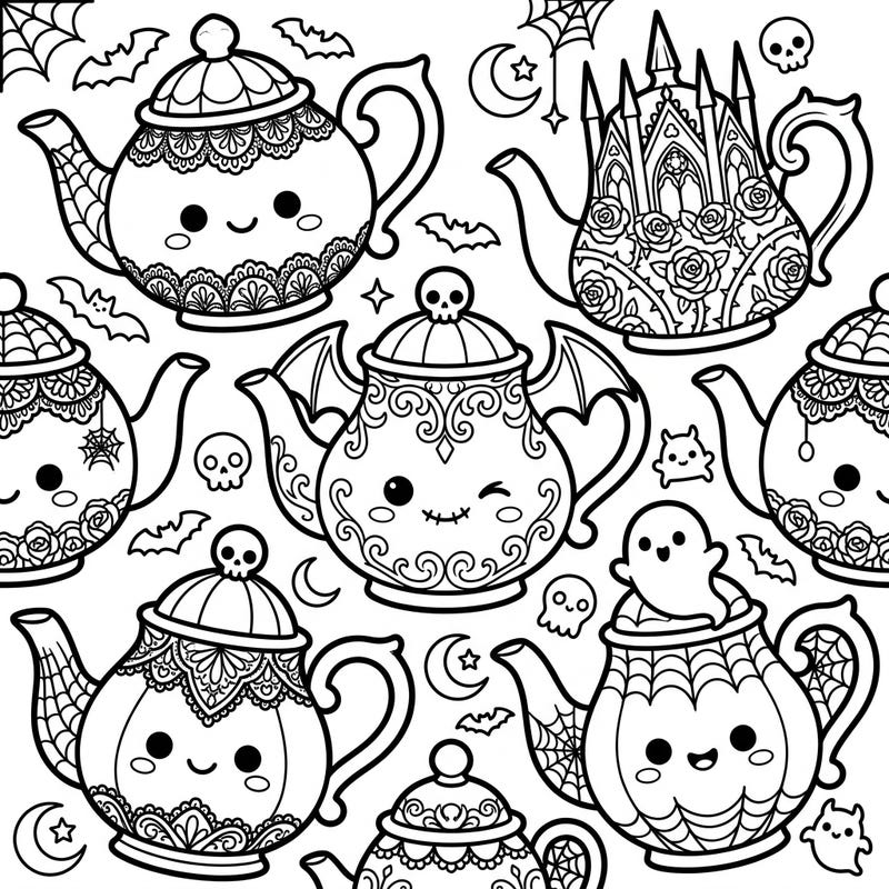 Discover a delightful fusion of dark elegance and adorable charm with this unique coloring page featuring Gothic Kawaii teapots. Get ready to bring a touch of spooky cuteness to life with your favorite colors.