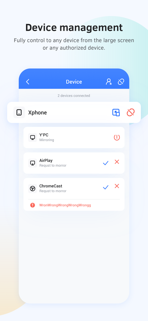 Interfaz de la aplicación Bytello Share que muestra la administración de dispositivos para la duplicación de pantalla y el control remoto