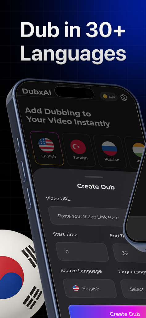 DubxAI: AI Video Dubbing Voice - 言語選択と動画リンク入力を表示するDubxAIアプリのインターフェース。AIダビング用。